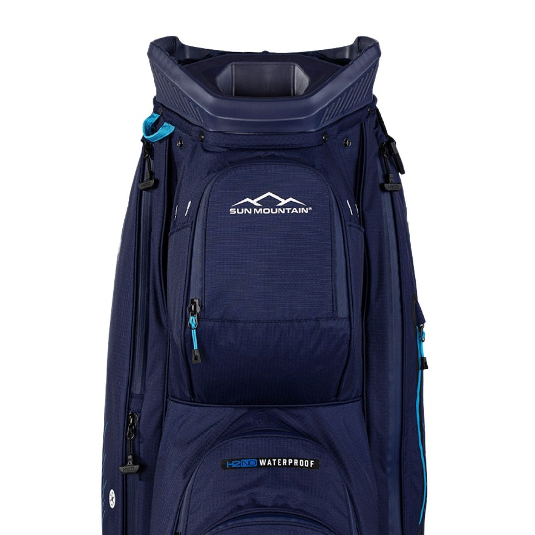 Sun Mountain H2NO C-100 Waterproof 14-Way Trolley Golf Bag - Navy/Ice Blue - zips, pockets and divider top