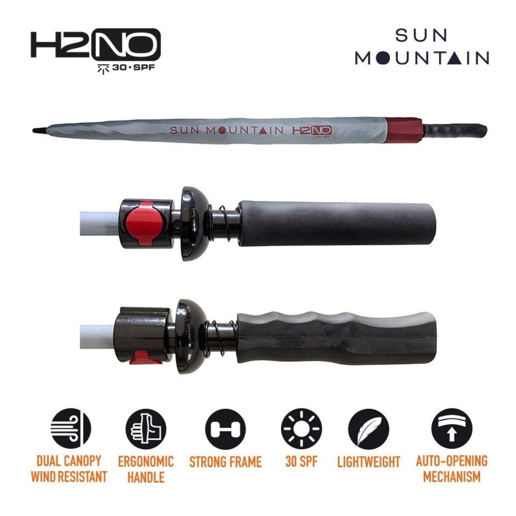Sun Mountain H2NO Golf Umbrella - Garnet/Cadet - with protective cover and handle views