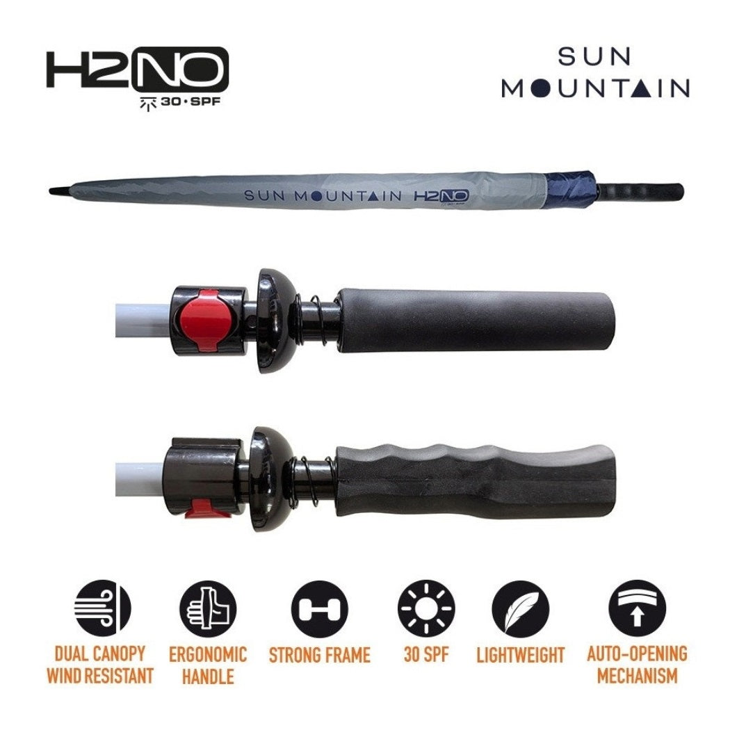 Sun Mountain H2NO Golf Umbrella - Navy/Cadet - with protective cover and handle views