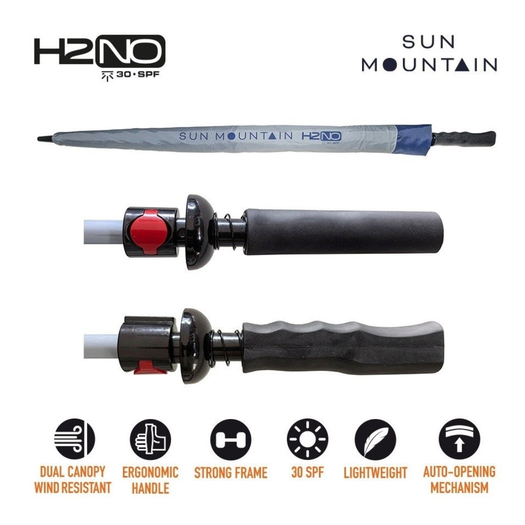 Sun Mountain H2NO Golf Umbrella - Nickel/Cadet - with protective cover and handle views
