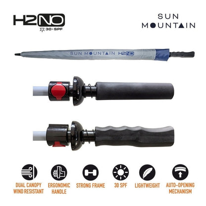 Sun Mountain H2NO Golf Umbrella - Nickel/Cadet - with protective cover and handle views