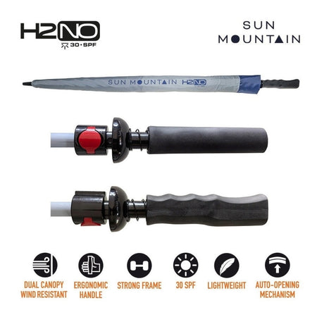 Sun Mountain H2NO Golf Umbrella - Nickel/Cadet - with protective cover and handle views