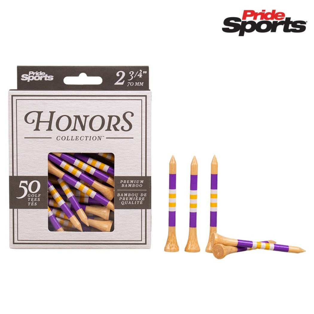 Pride Sports Honors Collection - 70mm Bamboo Golf Tees - Purple/Yellow - with packaging