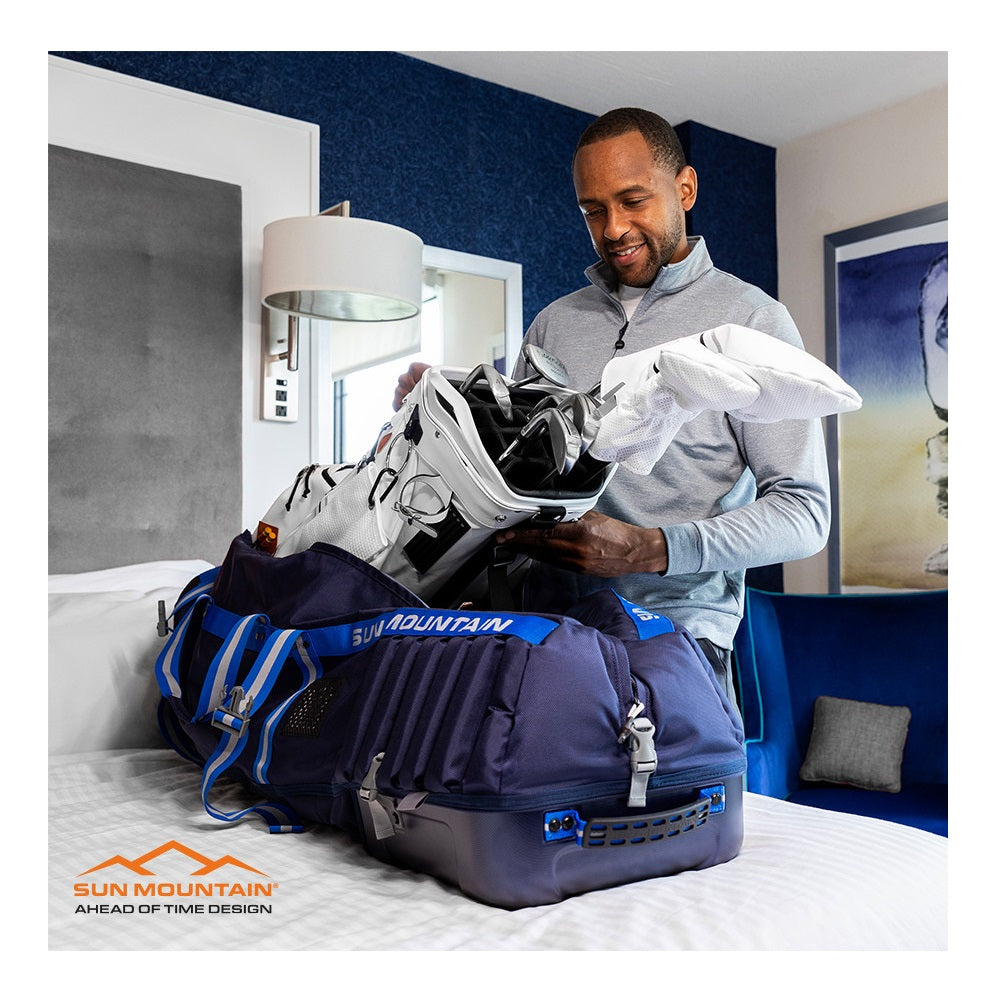 Sun Mountain Kube Golf Travel Cover packed with golf clubs ready for travel