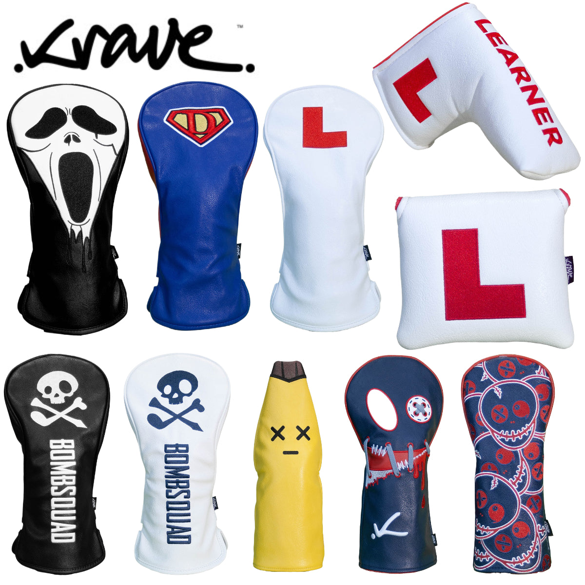 Krave Golf Headcovers - For Driver, Fairway, Hybrid or Putter - showing the various covers available