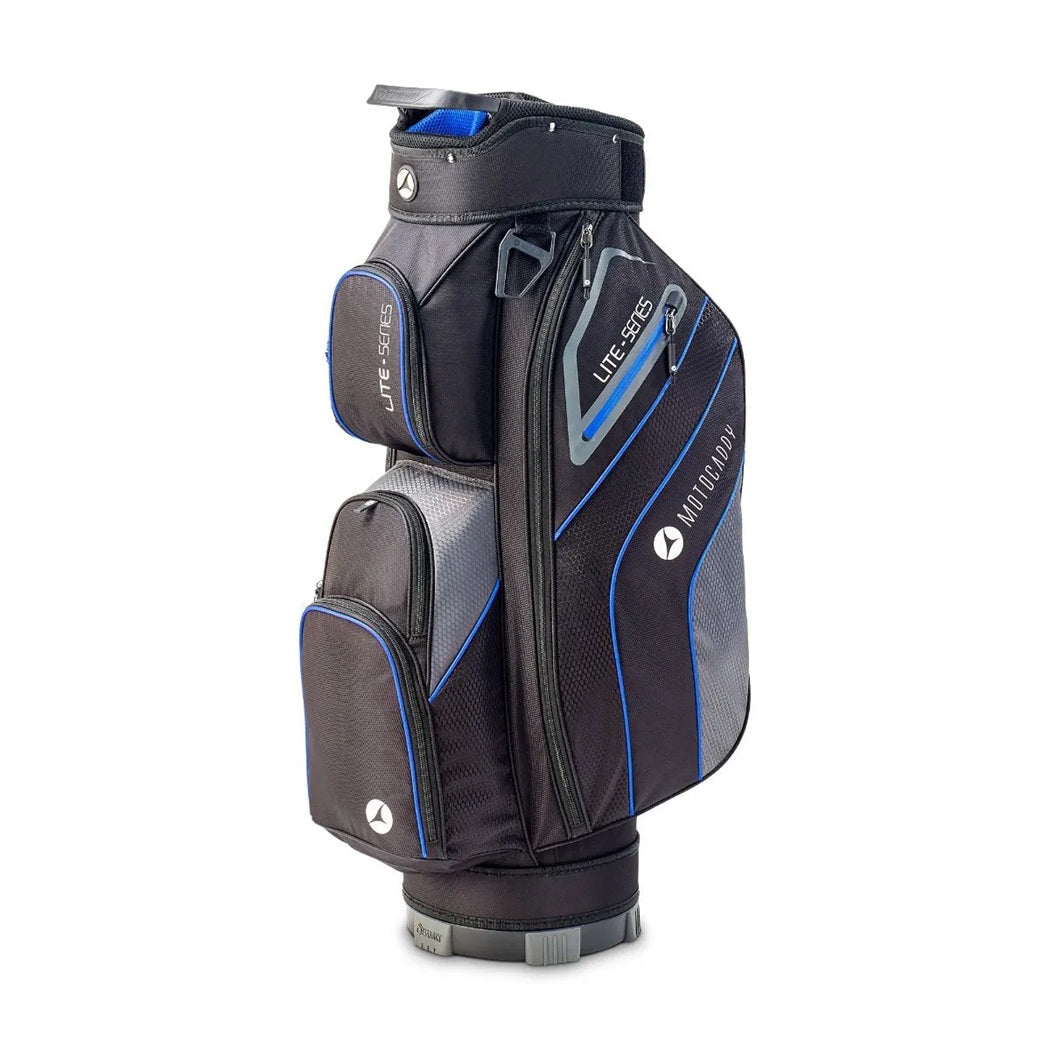 Motocaddy Lite Series 2026 golf trolley bag Black/Blue front view with pockets