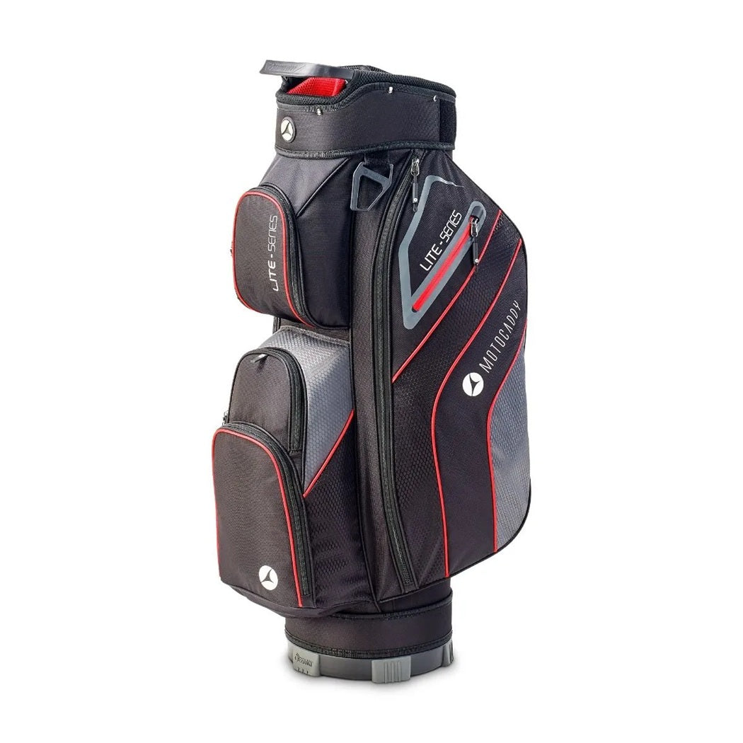 Motocaddy Lite Series 2026 golf trolley bag Black/Red front view with pockets