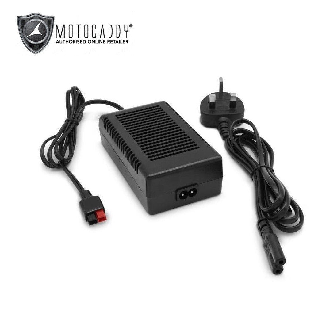 Red and black charger connection with Motocaddy branding