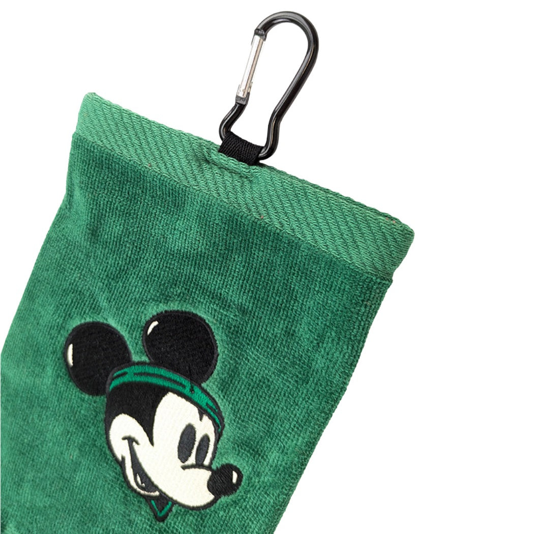 Volvik Disney Mickey Mouse Country Club Golf Towel - Green - showing carabiner and Mickey Mouse logo