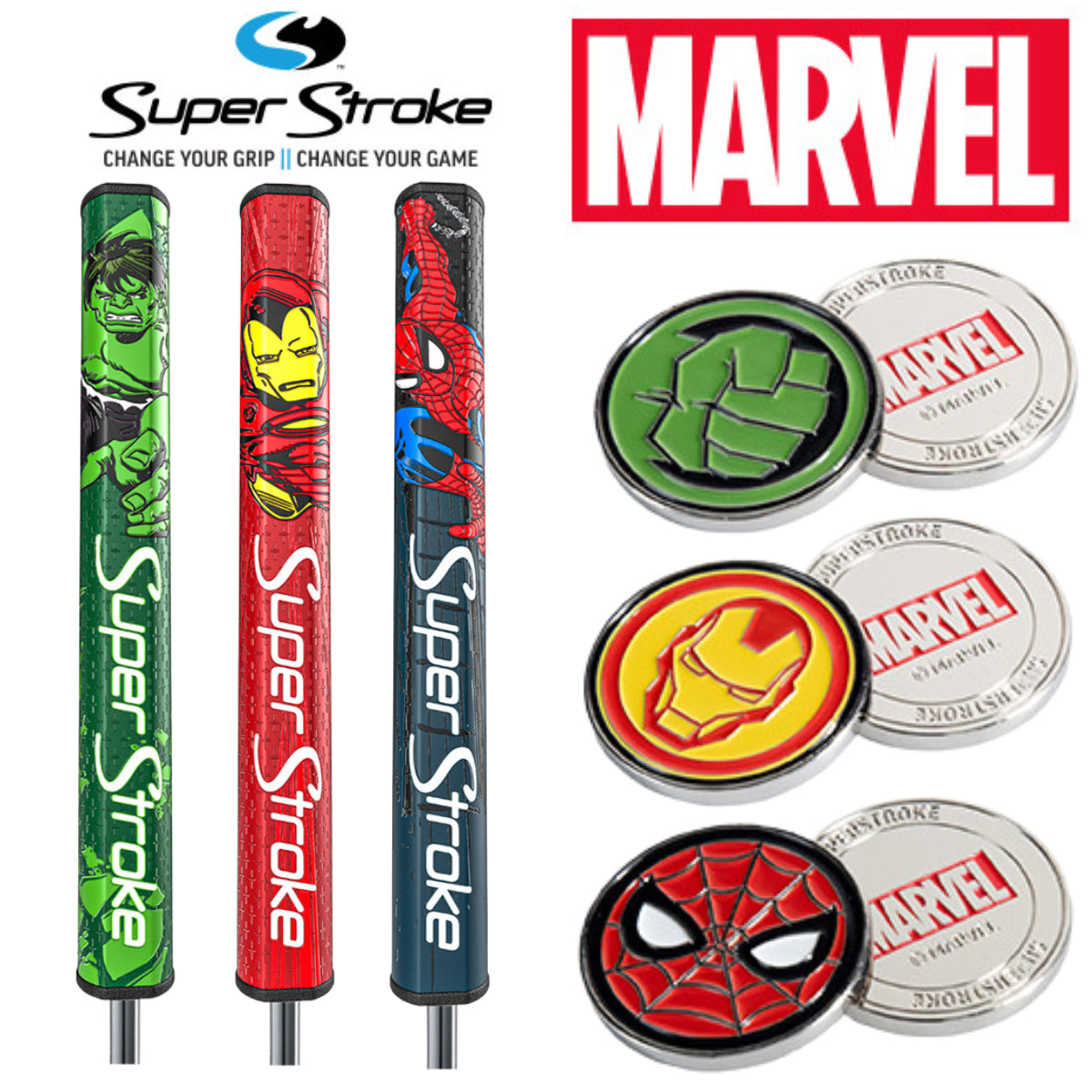SuperStroke Golf Putter Grip - Marvel Super Hero - Tour 2.0 + Ball Marker - showing all available options