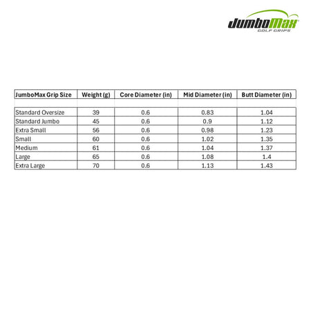 JumboMax Zenlite Series Grip - size specifications