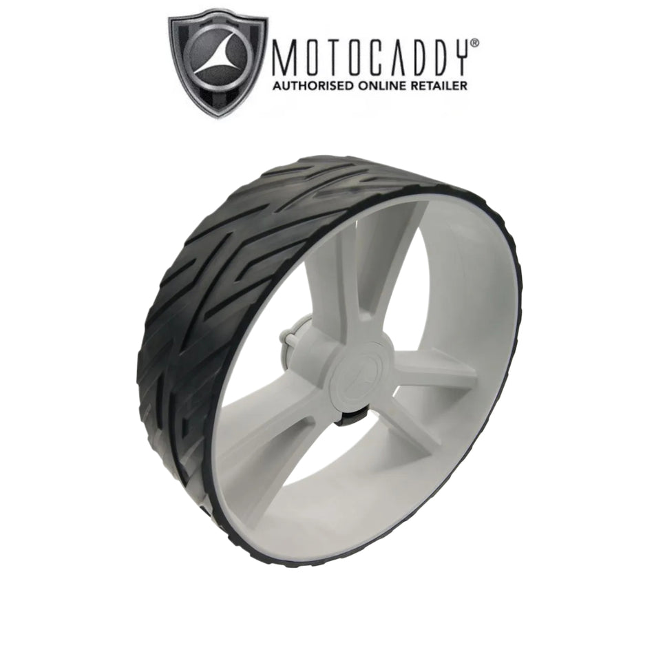 Motocaddy Golf Replacement Trolley Rear Wheel 16 - Silver - with Motocaddy logo