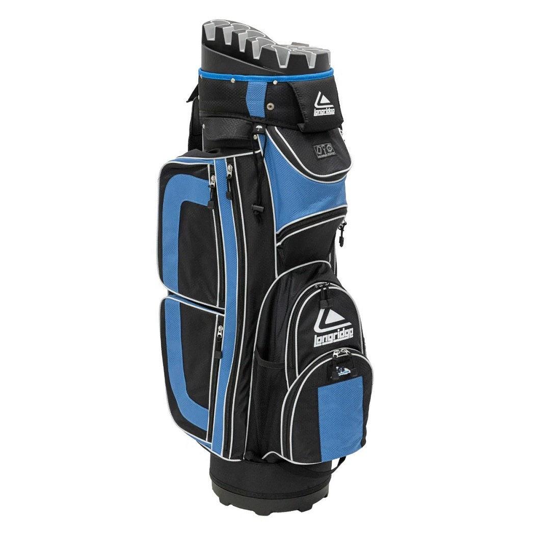 Longridge Pro Golf Cart Bag - Black/Navy - showing grab handle and several pockets
