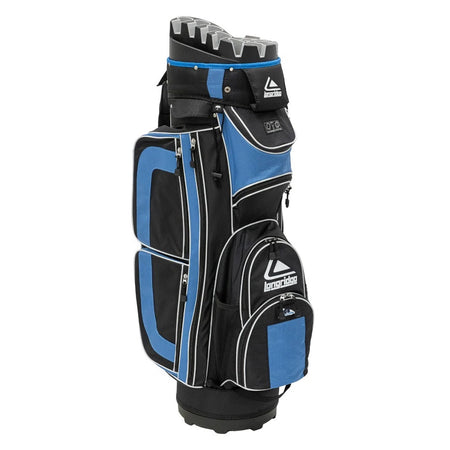 Longridge Pro Golf Cart Bag - Black/Navy - showing grab handle and several pockets