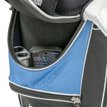 Longridge Pro Golf Cart Bag - Black/Navy - showing textured fabric and zipped pockets