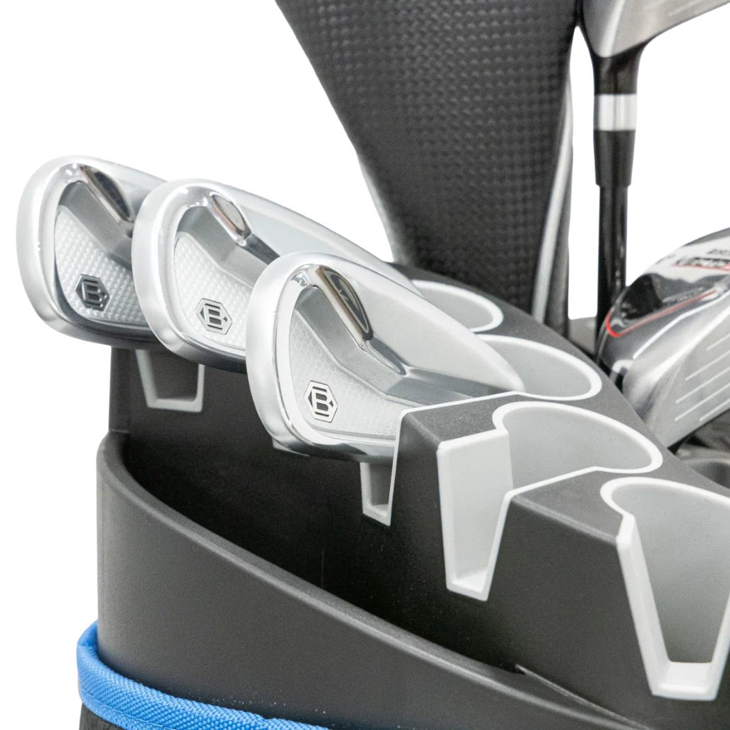 Longridge Pro Golf Cart Bag - Black/Navy - 15-way divider shown with clubs (clubs not included)