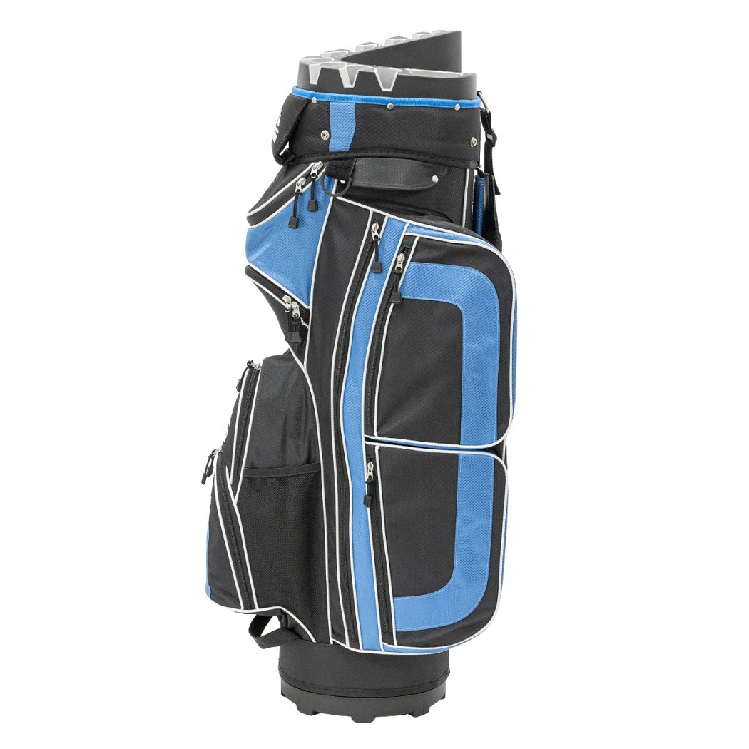 Longridge Pro Golf Cart Bag - Black/Navy - side view, showing grab handle, pockets, divider and carry strap