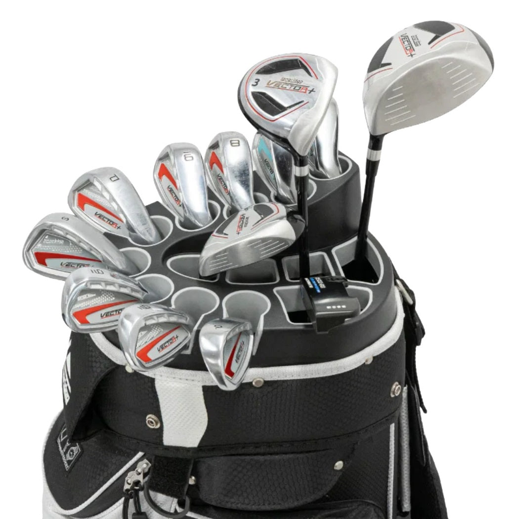 Longridge Pro Golf Cart Bag - Black/White - showing 15-way divider with golf clubs (clubs not included)
