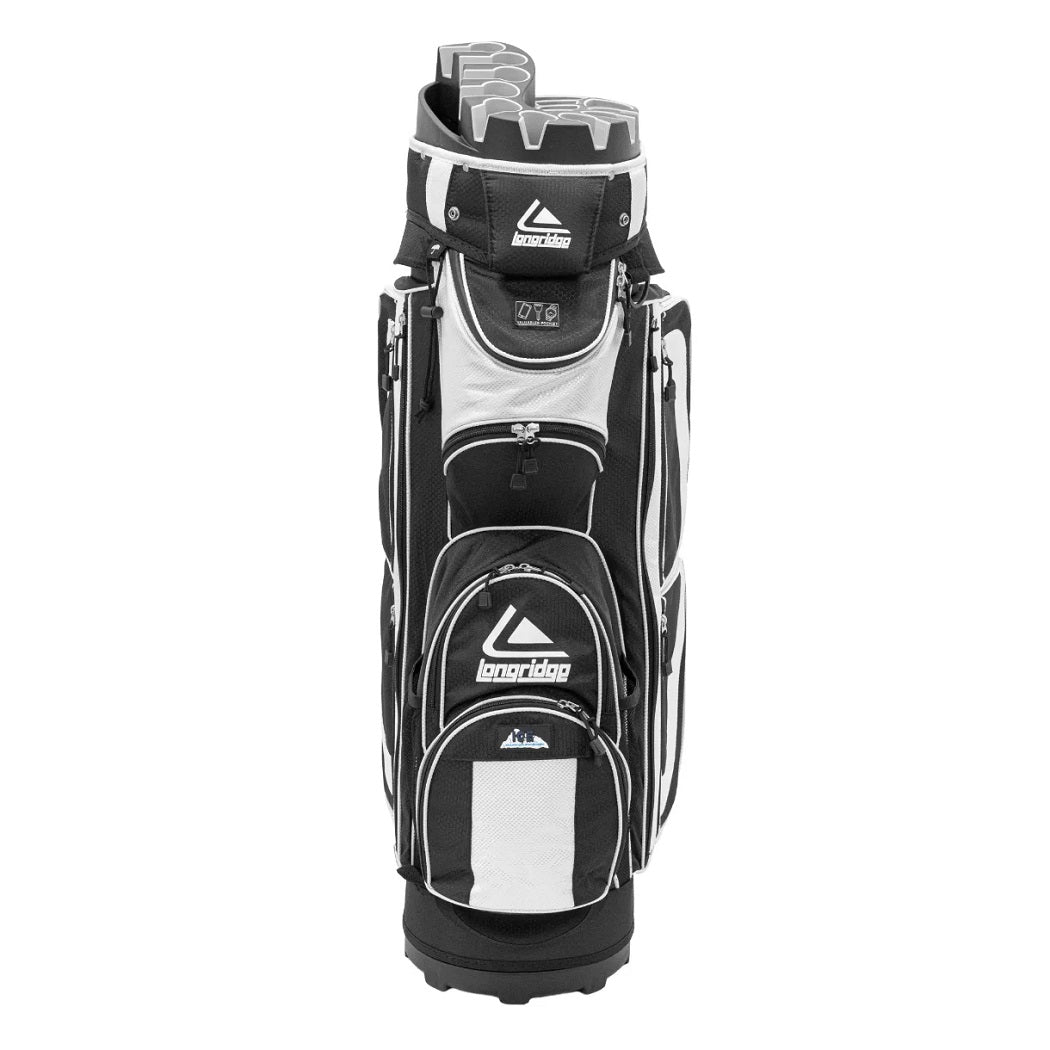 Longridge Pro Golf Cart Bag - Black/White - front view, showing divider top, grab handle and pockets