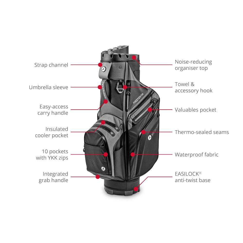 Motocaddy Protekta waterproof cart bag features and storage pockets