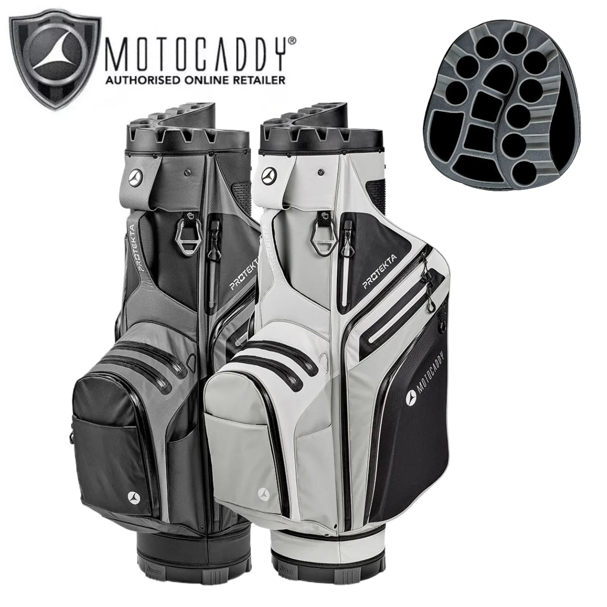 Motocaddy Protekta 14-Way Waterproof Golf Cart Bag in Charcoal/Black and White/Grey with close up of divider system
