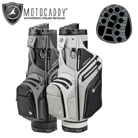 Motocaddy Protekta 14-Way Waterproof Golf Cart Bag in Charcoal/Black and White/Grey with close up of divider system