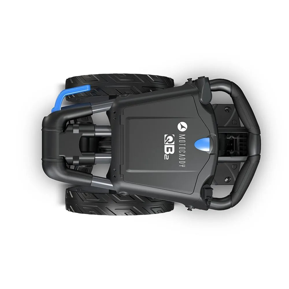 2025 Motocaddy QB2 Trolley - Compact Push Golf Cart - Blue - overhead view, folded