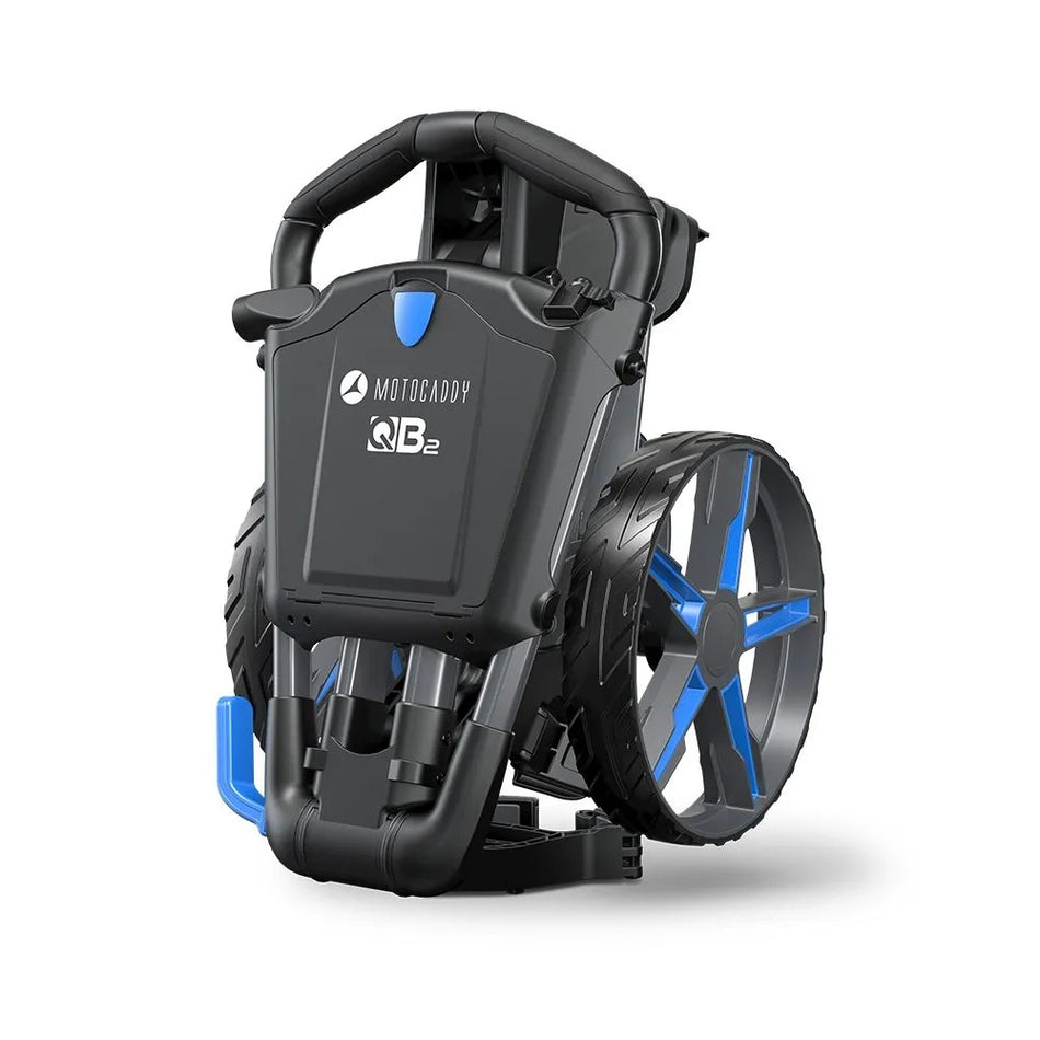 2025 Motocaddy QB2 Trolley - Compact Push Golf Cart - Blue - front view, folded