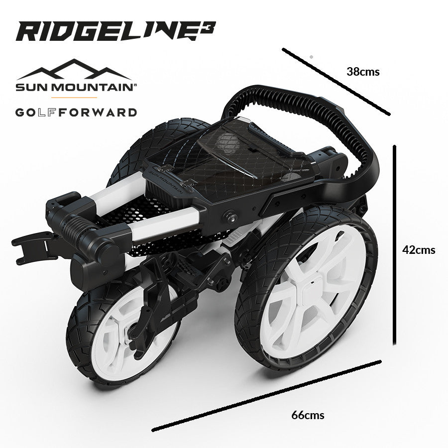 Sun Mountain Ridgeline 3 golf push trolley in White folded with dimensions