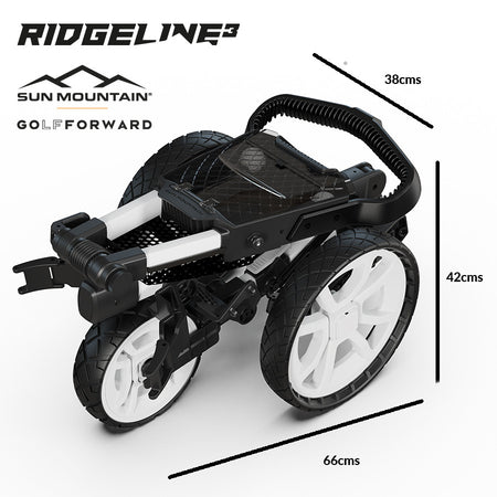 Sun Mountain Ridgeline 3 golf push trolley in White folded with dimensions