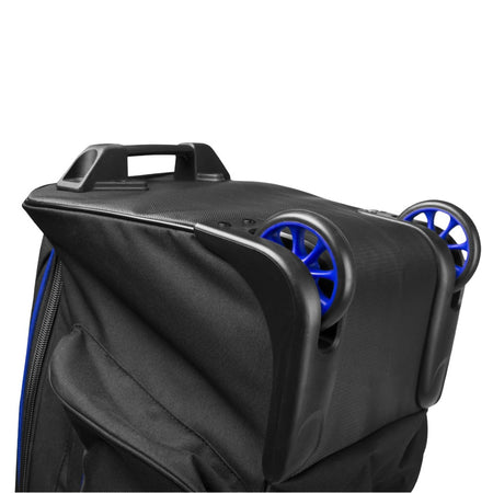 BagBoy T-10 travel cover base with blue in-line skate wheels and trunk handle