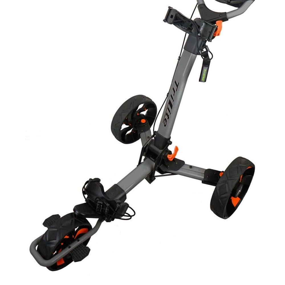 TriLite T-Flash Premium Golf Push Cart - Grey/Orange - coloured wheels