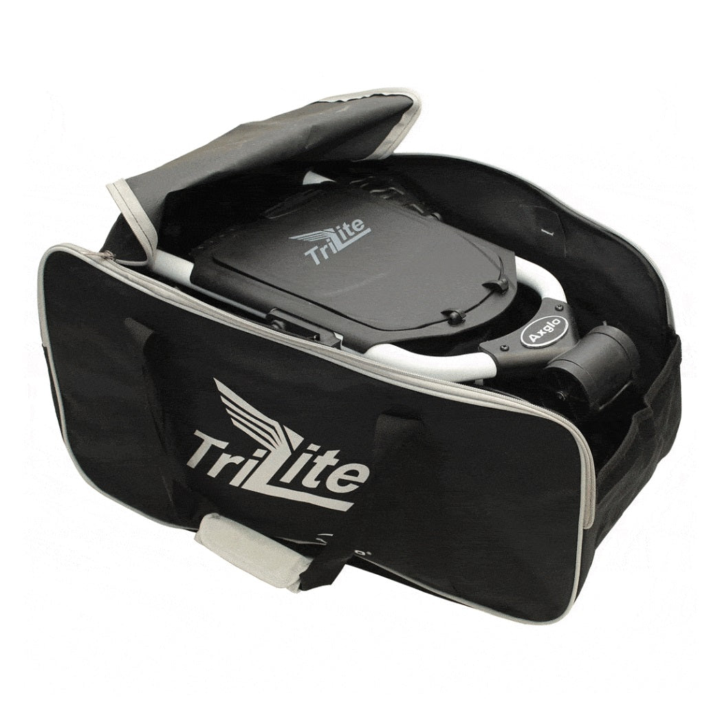 TriLite T-Flash Premium Golf Push Cart - Grey/Orange - folded trolley inside carry bag