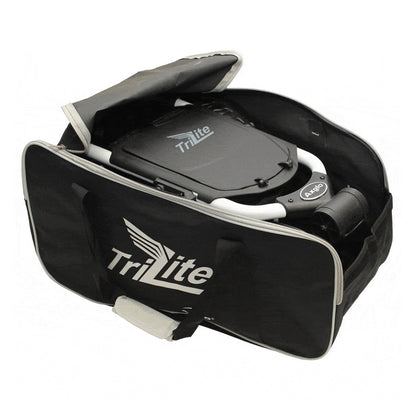 TriLite T-Flash Premium Golf Push Cart - Grey/Orange - folded trolley inside carry bag