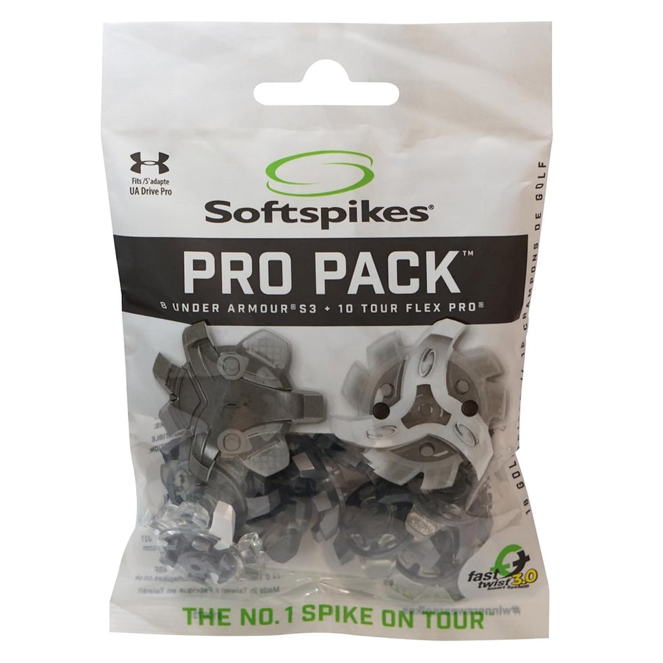 Softspikes Pro Pack retail pack, 8 Under Armour S3 and 10 Tour Flex Pro golf spikes