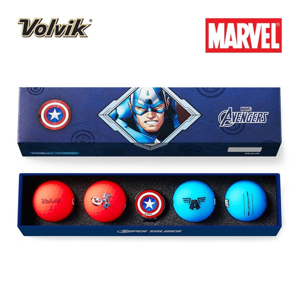 Volvik VIVID SOFT 4.0 Marvel Golf Balls & Marker Gift Set - Captain America
