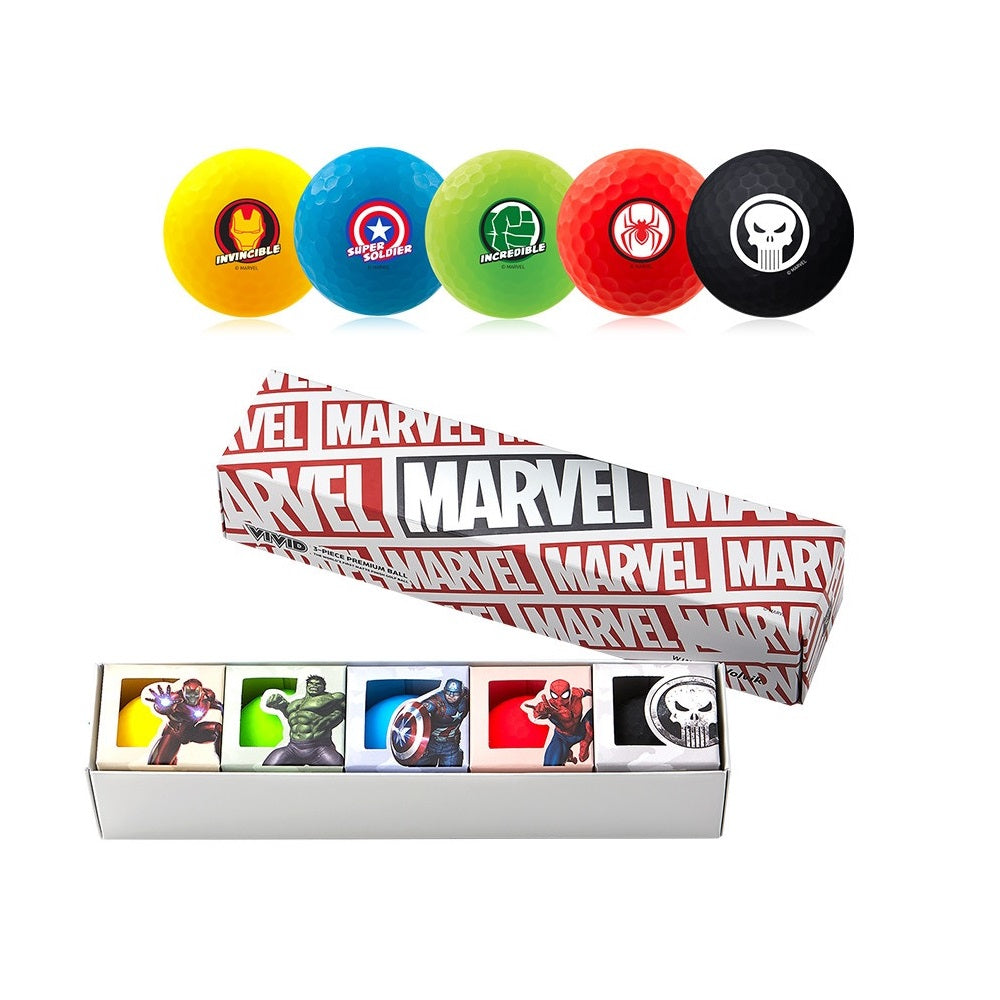 Set of Marvel-themed golf balls with character symbols on a white background