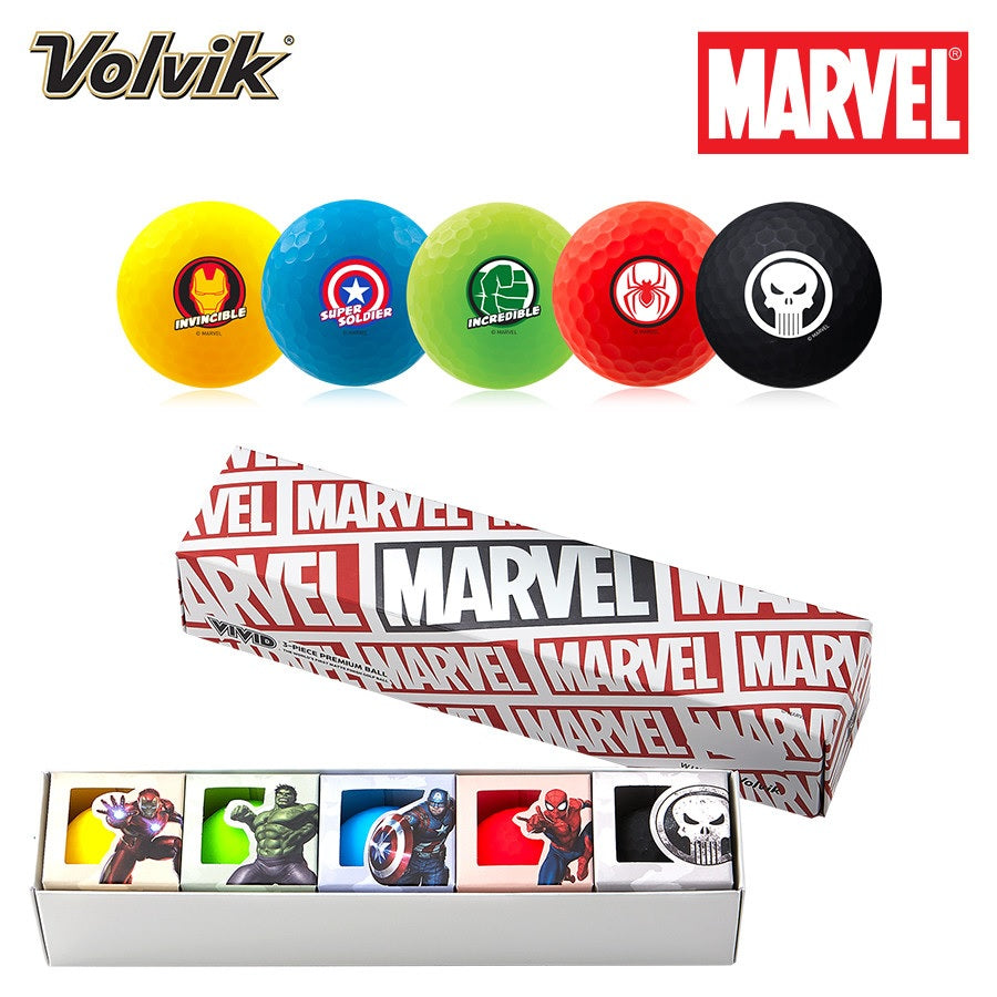 Set of Volvik golf balls with Marvel character designs and packaging.
