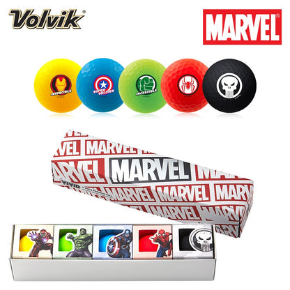 Set of Volvik golf balls with Marvel character designs and packaging.