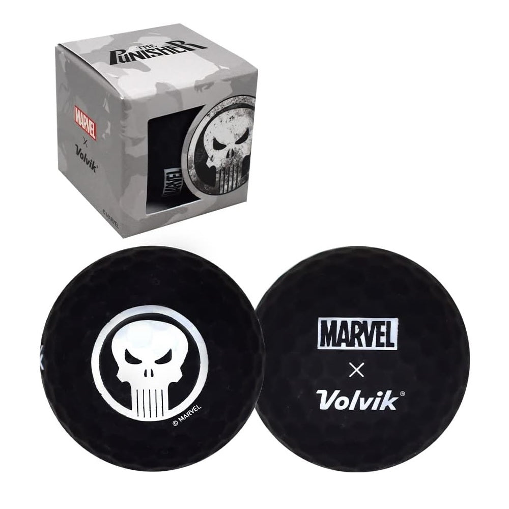 Two black golf balls with Marvel Punisher logo and Volvik branding next to a branded packaging box.
