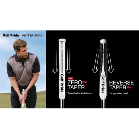 Golf Pride Zero Taper Medium Straight Putter Grip - Black - shown in golfer’s hands alongside reverse taper grip comparison
