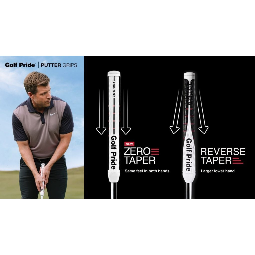 Golf Pride Zero Taper Medium Straight Putter Grip - Black - shown in golfer’s hands alongside reverse taper grip comparison