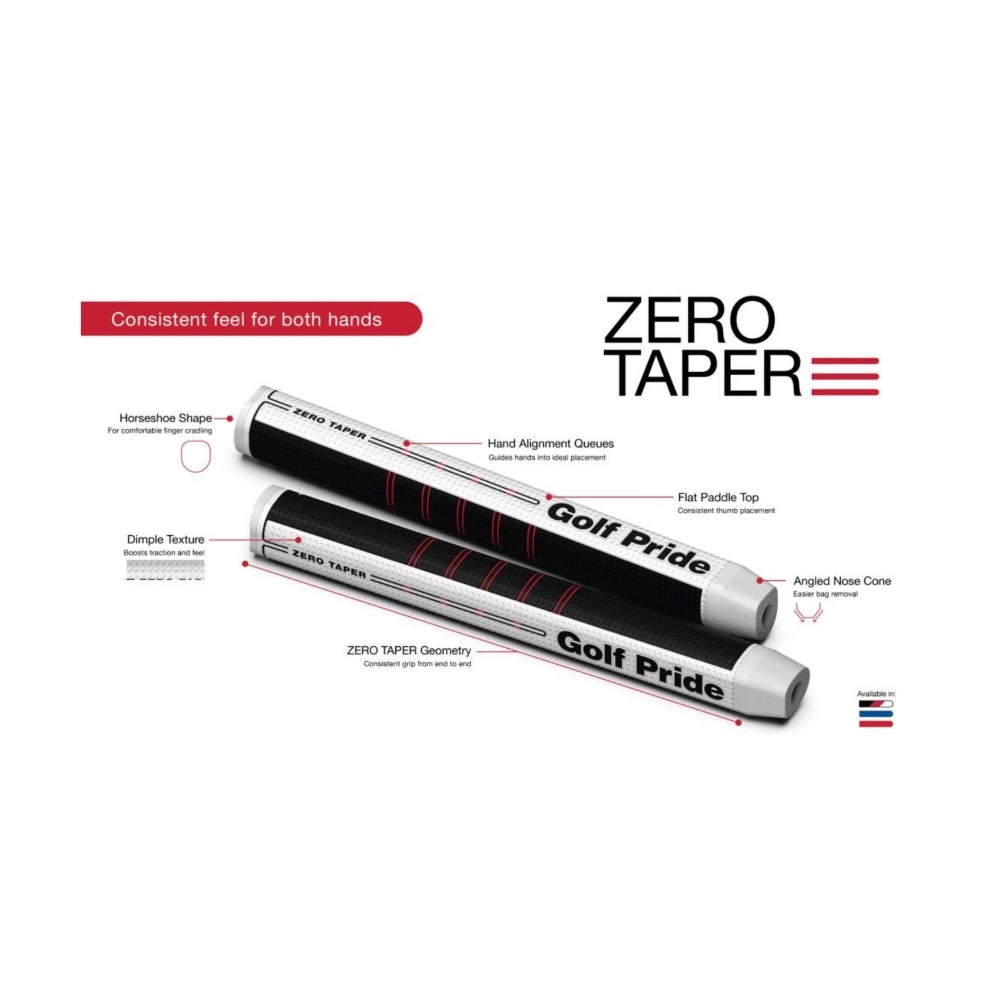 Golf Pride Zero Taper golf grip with features highlighted on a white background