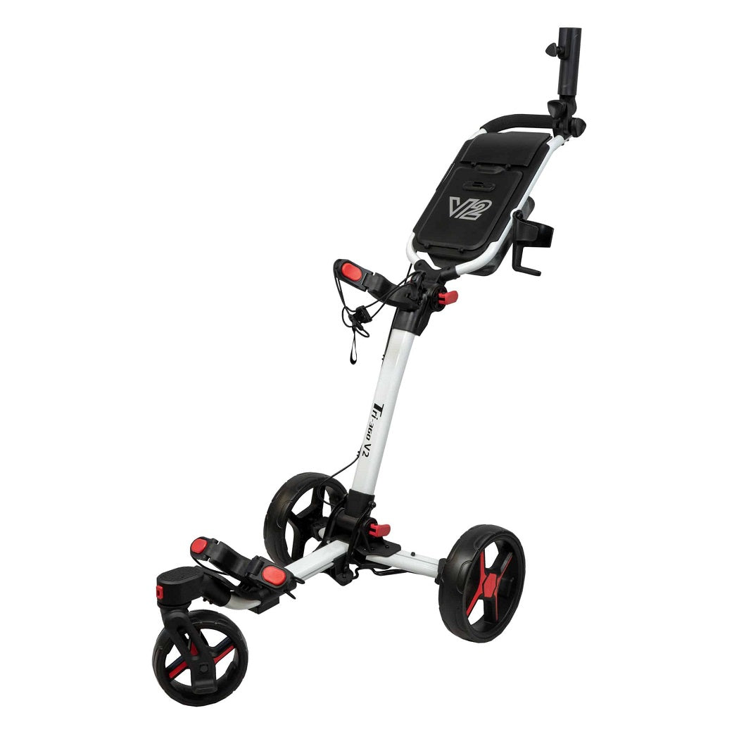 Axglo Tri-360 V2 Golf Trolley - 3 Wheel Swivel Push Cart - White/Red