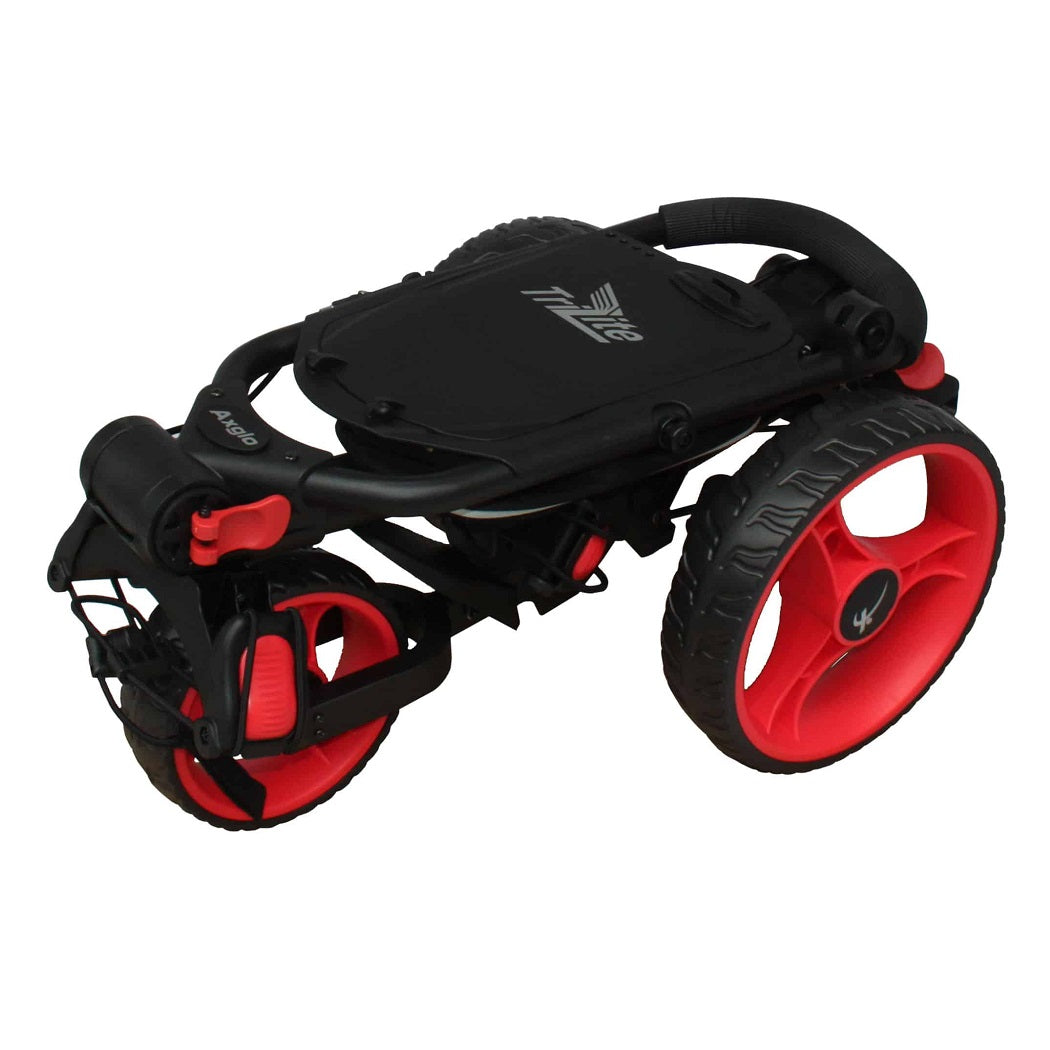 Axglo TriLite 3-Wheel Golf Trolley Push Cart - Black/Red - folded