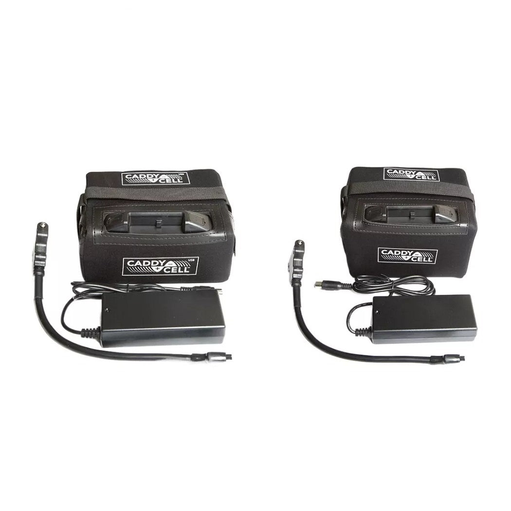 CaddyCell Lithium Battery & Charger Set Motocaddy Powakaddy - showing both batteries