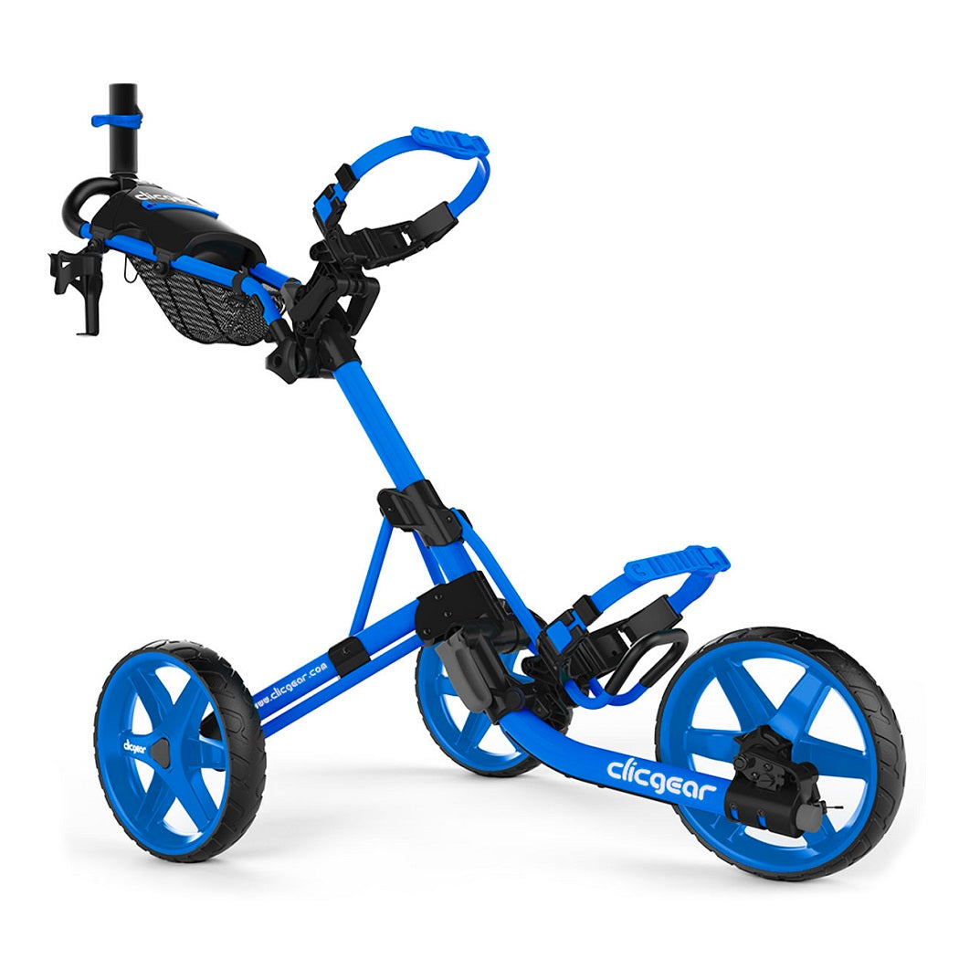 Blue Clicgear 4.0 3-Wheel Push Golf Trolley unfolded