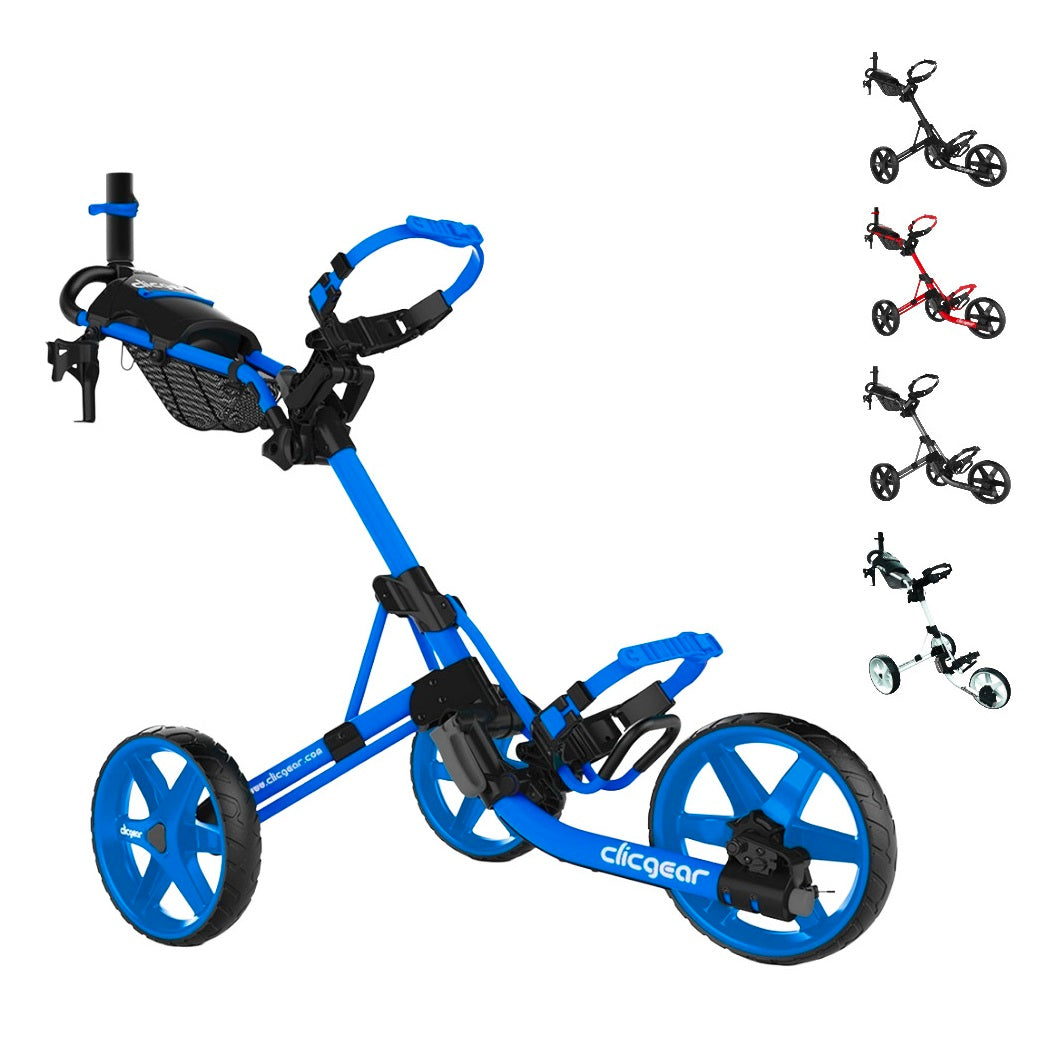 Blue Clicgear 4.0 3-Wheel Push Golf Trolley with black, red, silver and white colour options