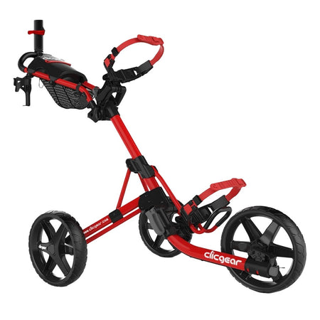 Red Clicgear 4.0 3-Wheel Push Golf Trolley unfolded