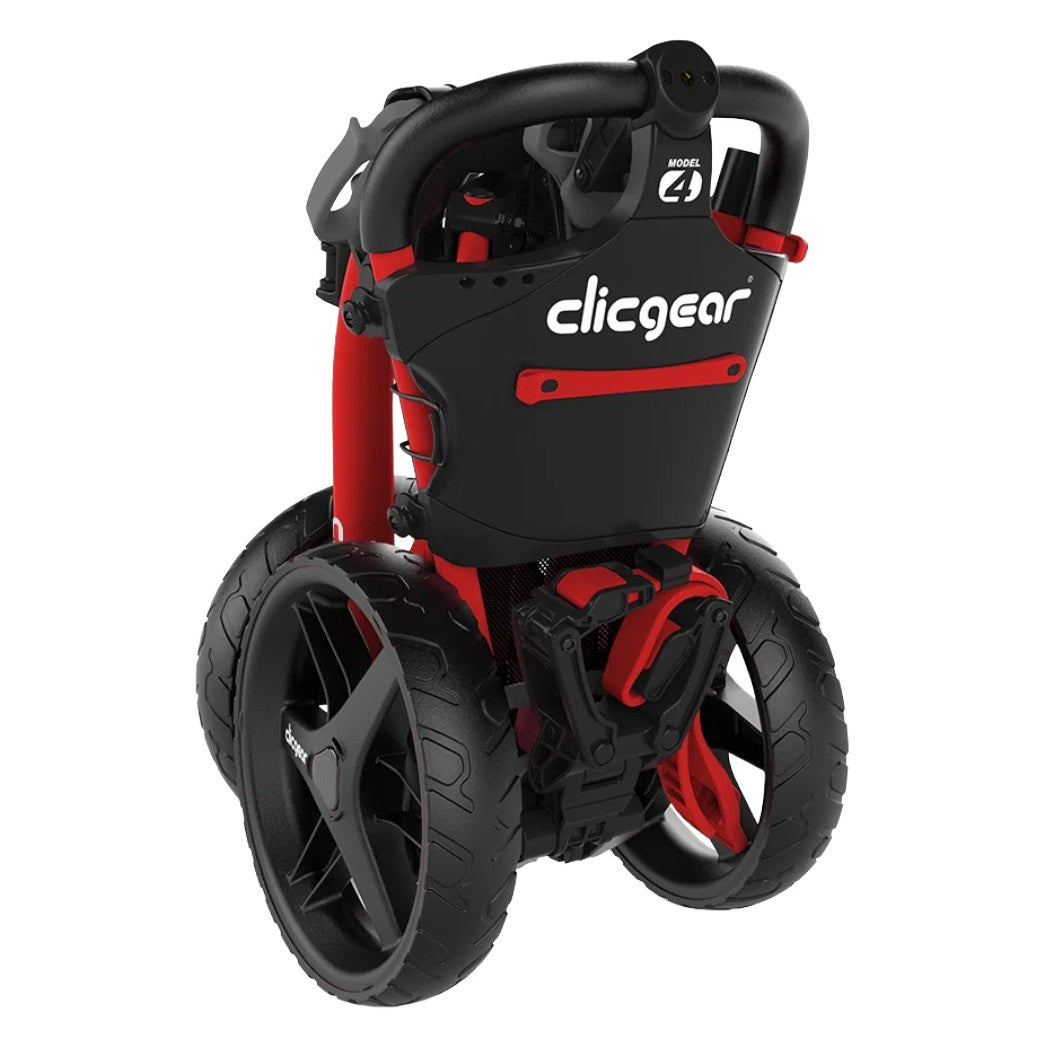 Red Clicgear 4.0 Push Golf Trolley folded for storage
